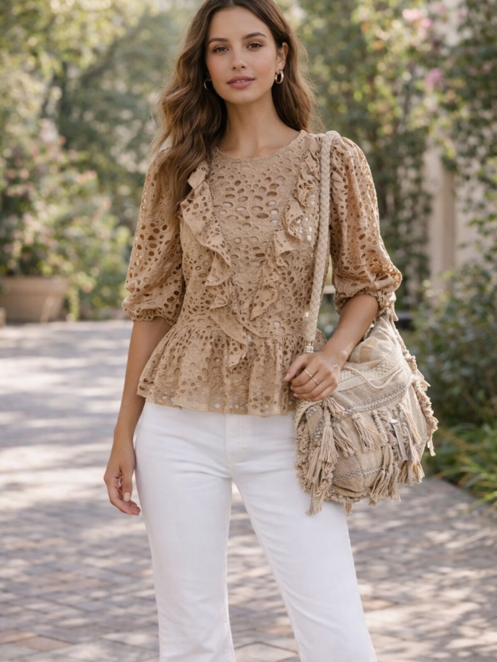 Eyelet Cotton Puff Sleeve Blouse Ruffle Front Peplum Feminine Coquette Tan M